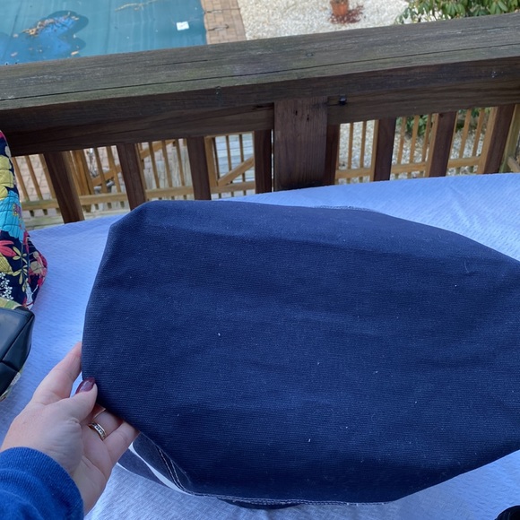 Pottery Barn Kids Ivory and Navy Striped Canvas Tote Bag with "M" - Picture 4 of 13